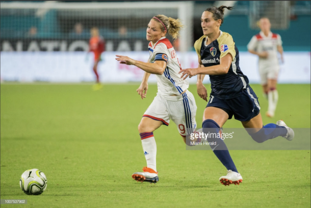 Kaleigh Kurtz races to the ball during the final game of the ICC tournament. Photo: Getty Images/Miami Herald