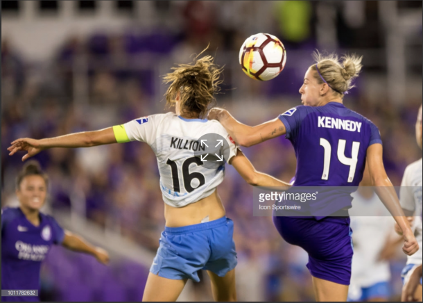 Pride midfielder, Alanna Kennedy, fights Sky Blue for possession. Photo: Getty Images/IconSportswire