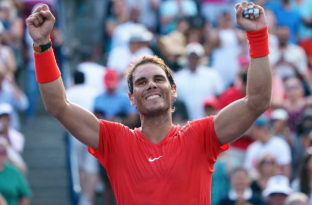 Nadal celebrates after adding another Rogers Cup title, his fourth title in Canada and a record 33rd Masters title (Icon Sportsiwre/Getty Images)