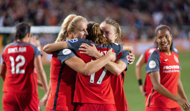 Lindsey Horan (left), Tobin Heath (middle) and Emily Sonnett (right) came up big for the Portland Thorns FC to clinch home field advantage. (Photo by Diego Diaz/Icon Sportswire via Getty Images)