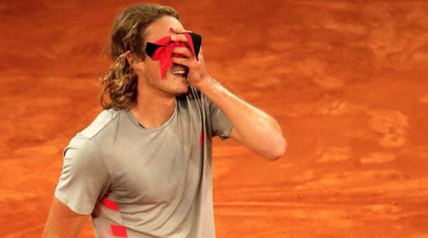 Tsitsipas reacts after beating Nadal to reach the final (Anadolu Agency./Getty Images)