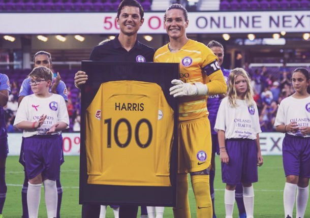 Goalkeeper Ashlyn Harris recognized in pre-game ceremony for 100 NWSL regular season matches. (Photo: twitter.com/ORLPride)