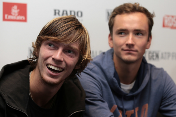 Rublev (left) and Medvedev during ATP NextGen Finals Media Day (Emilio Andreoli/Getty Images)