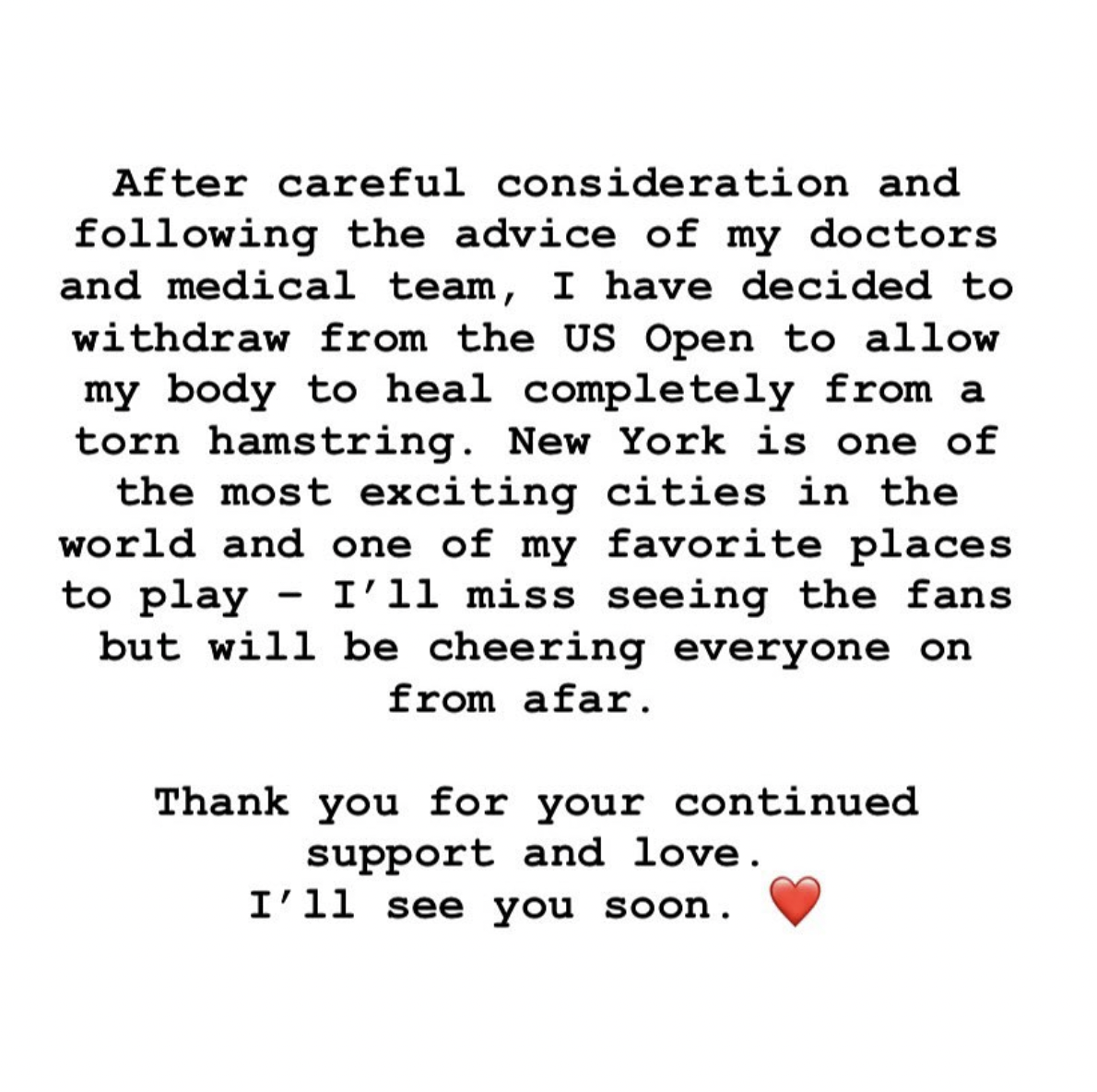 Serena's statement on Instagram about her withdrawal