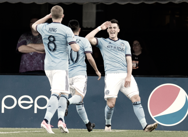 Jack Harrison celebrates his first of the night. | Photo: NYCFC