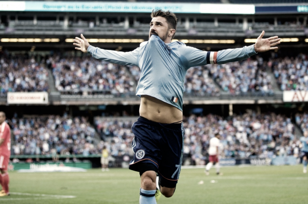 David Villa celebrating one of three goals against New York Red Bulls. | Photo: NYCFC