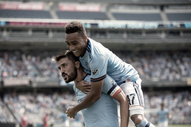 David Villa and Jonathan Lewis celebrating the opening goal back in July. | Photo: NYCFC