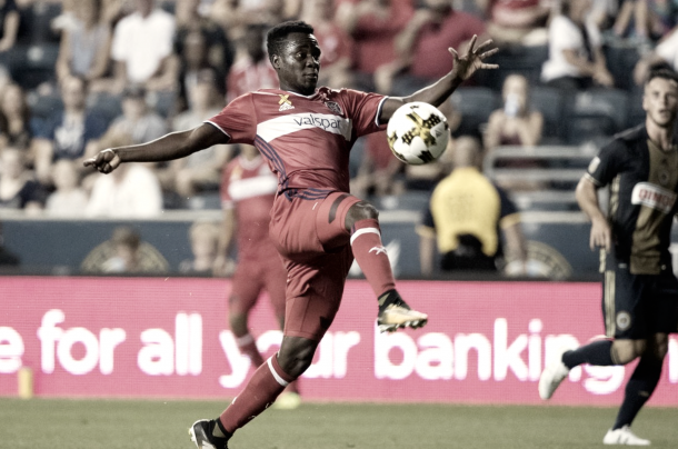 David Accam facing off against the Philadelphia Union. | Photo: Bill Streicher-USA TODAY Sports