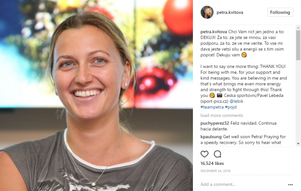 Kvitova's Instagram post, after the completion of the four-hour surgery on her hand, thanking fans for their wishes. Photo credit: Petra Kvitova Instagram.