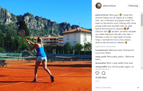 Kvitova hitting the practice courts early May. Photo credit: Petra Kvitova Instagram.