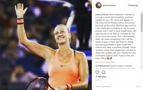 Kvitova's Instagram post stating a possible return at the French Open. Photo credit: Petra Kvitova Instagram.