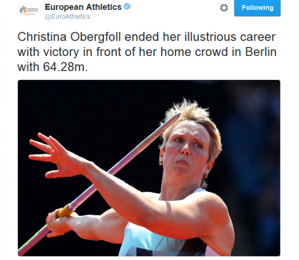 European Athletics celebrates Christina Obergfoll's final victory (Courtesy: European Athletics' Twitter account)