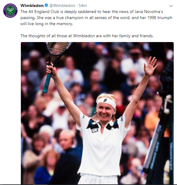 Wimbledon paid tribute via Twitter following the sad news of Novotna's passing.