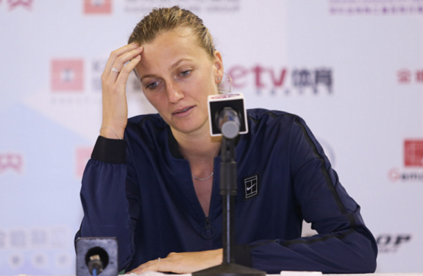 A dejected Kvitova speaks to the press after retiring ill from her opener against Zheng Saisai in Shenzhen. Photo credit: VCG/Getty Images.