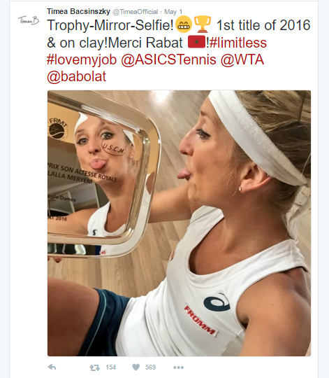 Bacsinszky celebrating her title triumph on Twitter. Photo credit: Timea Bacsinszky Twitter.