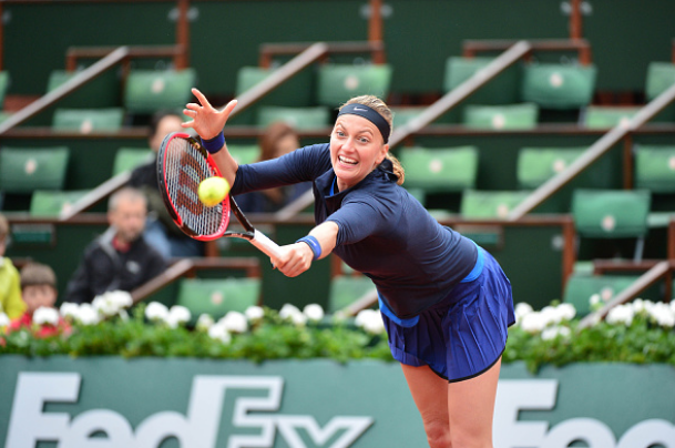 Kvitova returns a backhand in her opening match last Sunday. Photo credit: Dave Winter/Getty Images.