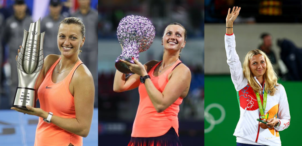 Kvitova captured two titles in 2016, Wuhan (left) and the WTA Elite Trophy in Zhuhai (middle), and claimed the bronze medal at the Summer Olympics in Rio de Janeiro (right). Photo credits: Left (Wang He/Getty Images), middle (WTA Elite Trophy) and right (Clive Brunskill/Getty Images).