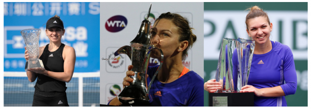 Halep started 2015 with a bang, winning titles Shenzhen (left), Dubai (middle) and Indian Wells (right). Photo credits: Shenzhen (STR/Getty Images), Dubai (Karim Sahib/Getty Images) and Indian Wells (Julian Finney/Getty Images).