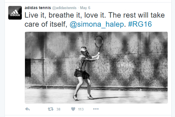 Halep appears in a promotional tweet featuring Adidas' clothing line for the 2016 French Open. Photo credit: Adidas Tennis Twitter.