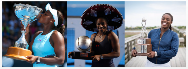 Stephens has won three titles in 2016 namely, Auckland (left), Acapulco (middle) and Charleston (right). Photo credit : Auckland (Phil Walter / Getty Images), Acapulco (Miguel Tovar / Getty Images) and Charleston (Volvo Car Open Twitter).