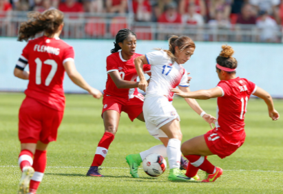 Jessie Fleming and Desire Scott battle for the ball in a match against Costa Rica//Source:Adam Pulicicchio via Getty Images