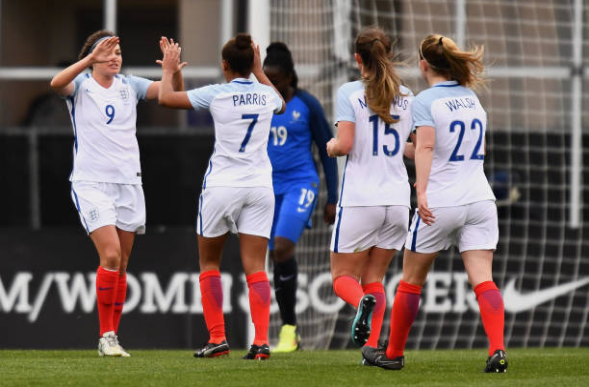 England's Jodie Taylor celebrates after scoring a goal in England's 4-1 victory over France at the 2018 SheBelieves Cup. | Photo: Jamie Sabau - Getty Images