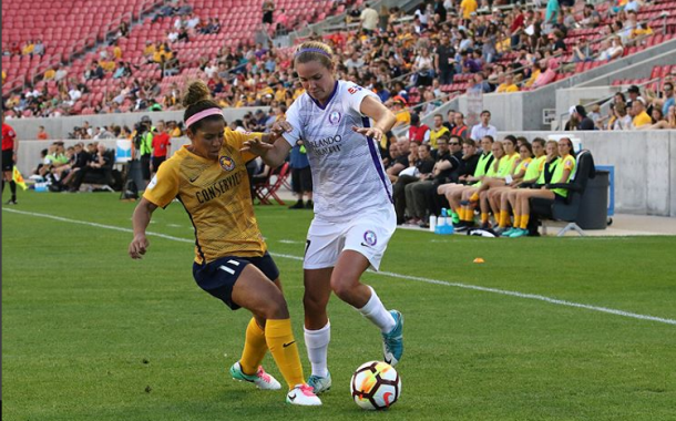 Utah's Desiree Scott and Orlando's Dani Weatherholt battle for the ball. | Photo: @ORLPride