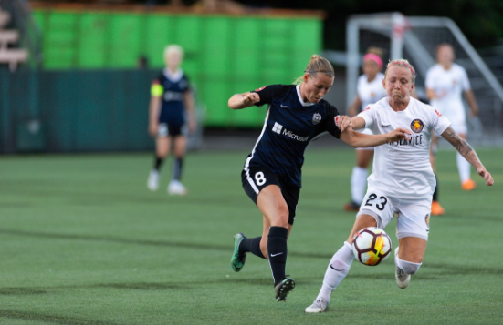 Nordic competition between Seattle's Theresa Neilsen (8, Norway) and Utah's Gunny Jonsdottir (23, Iceland) in the first half of the match. | Photo: isiphotos.com