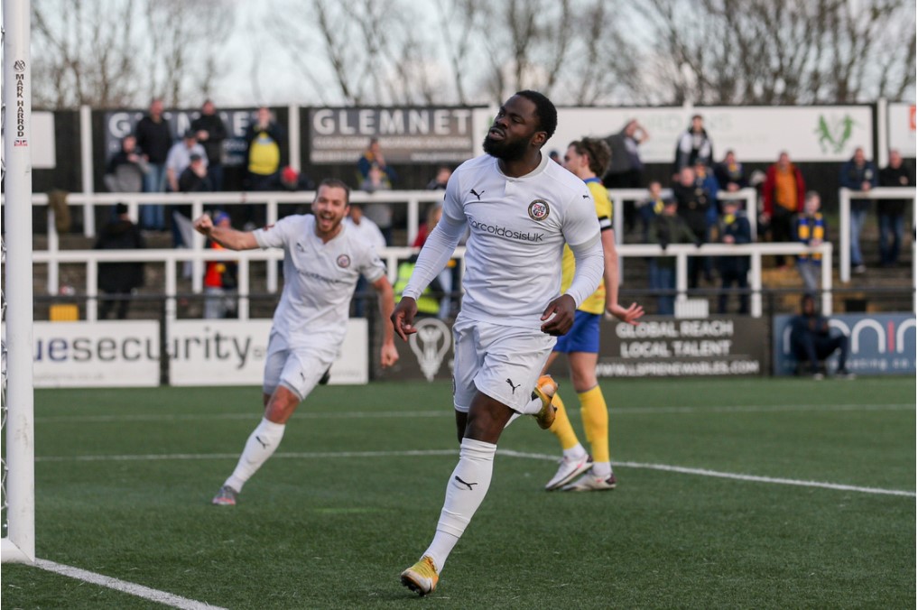 James Alabi celebrates after scoring in Bromley's 3-1 win over Solihull Moors (Photo: Ed Boyden)
