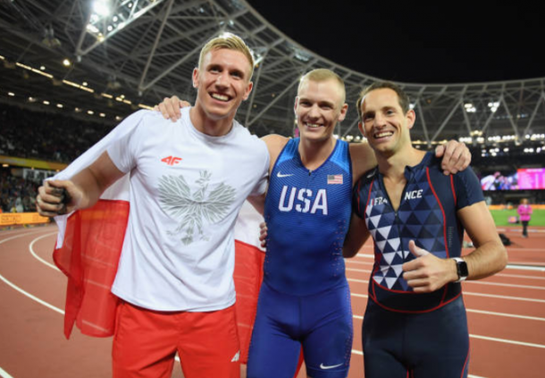 The three medalists Sam Kendricks, Piotr Lisek and Renaud Lavillenie posing together after a thrilling competition (Photo: Matthew Hangst/Getty Images)