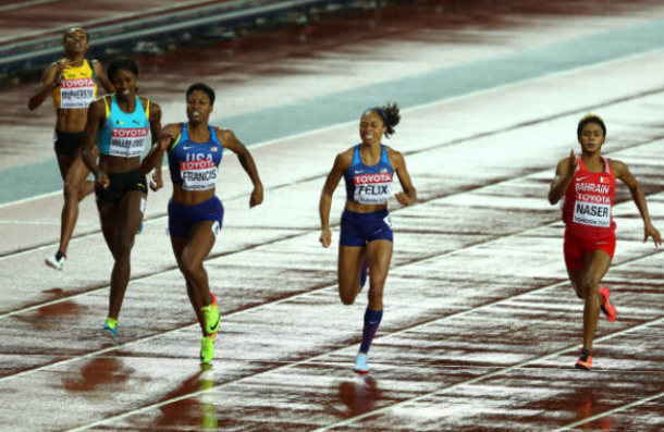 Phyllis Francis, Salwa Eid Naser and Allyson Felix cross the line ahead of Shaunae Miller-Uibo (Photo: Richard Heathcote/Getty Images)