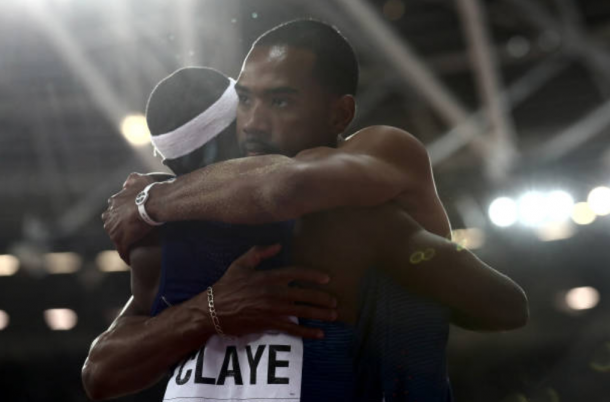 Will Claye congratulates compatriot Christian Taylor on another World CHampionships title (Photo: Alexander Hassenstein/Getty Images)