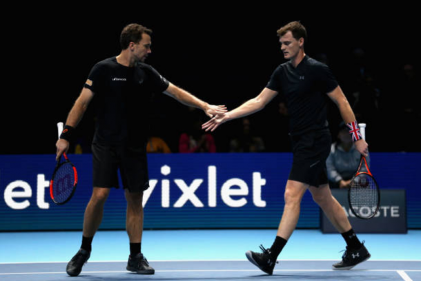 Jamie Murray and Bruno Soares high five after putting away Ivan Dodig and Marcel Granollers in less than an hour (Photo: Alex Pantling/Getty Images)