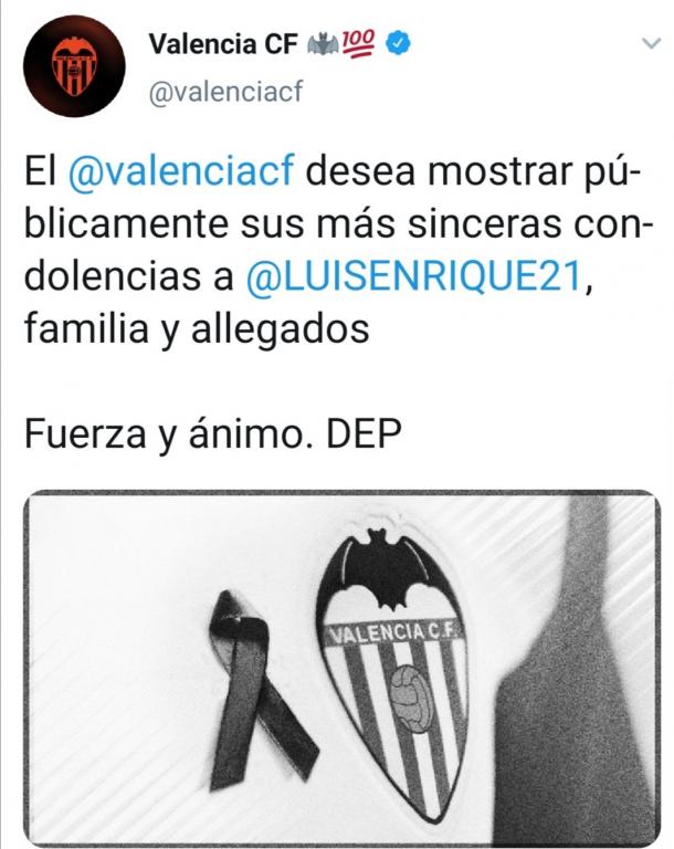 Comunicado oficial del Valencia tras la trágica noticia. Fuente: Twitter