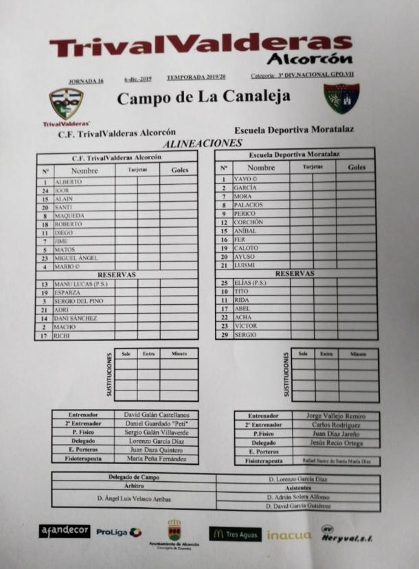 Ficha técnica del partido de liga del Grupo VII de Tercera División disputado en La Canaleja entre CF Trival Valderas y ED Moratalaz en la mañana del 6 de diciembre. Fuente: Francisco Nieto.