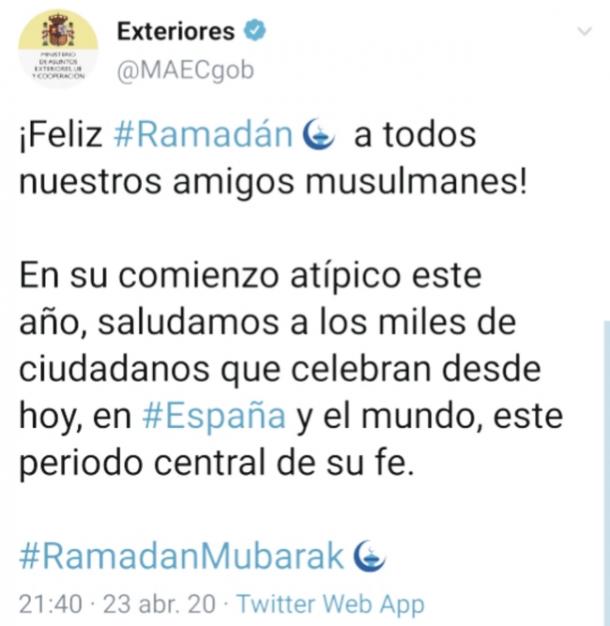 Mensaje del Ministerio Exterior para todos los musulmanes por el comienzo del Ramadán. Fuente: Twitter (@MAECgob)