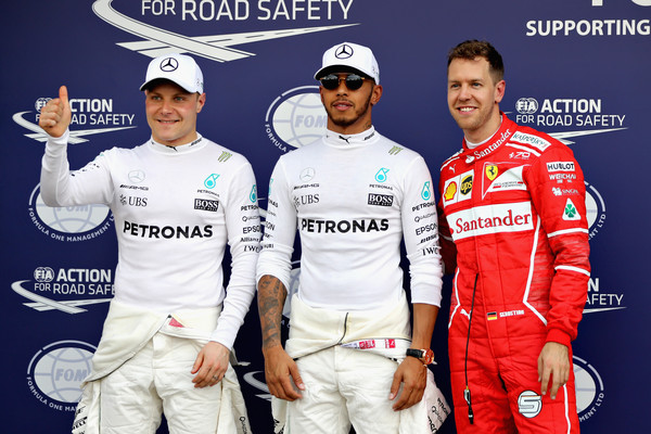 Bottas, Hamilton e Vettel, dopo la qualifica. Fonte foto: Getty Images AsiaPac