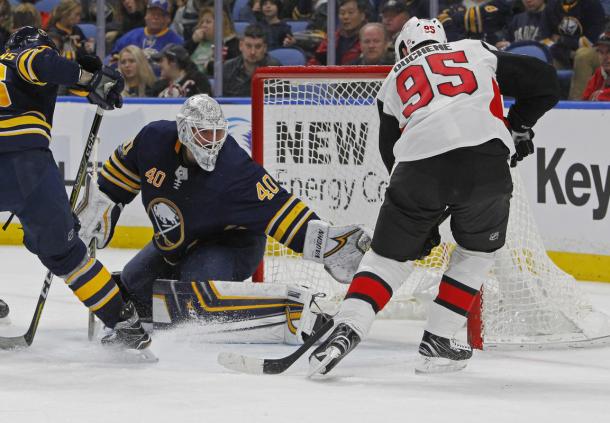 Newly acquired center Matt Duchene, gets stopped by Sabres' goalie Robin Lehner on December 12, 2017. (Photo: Boston Herald)