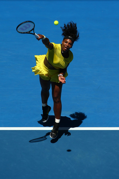 Serena Williams blasts a serve to Hsieh. Photo: Scott Barbour/Getty Images