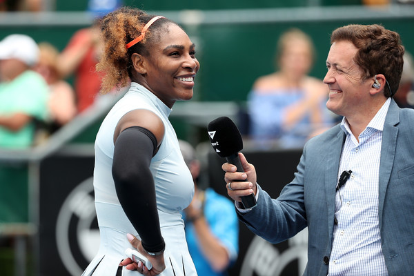 Serena Williams addresses the crowd during her post-match interview after defeating Pauline Parmentier in her first round match at the 2017 ASB Classic. | Photo: Fiona Goodall/Getty Images
