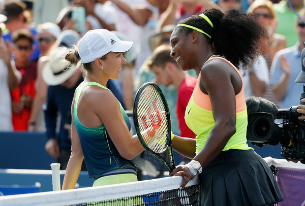 Serena Williams (R) shakes hands with Simona Halep of Romania after defeating her during the finals of the Western & Southern Open at the Linder Family Tennis Center on August 23, 2015 in Cincinnati, Ohio.