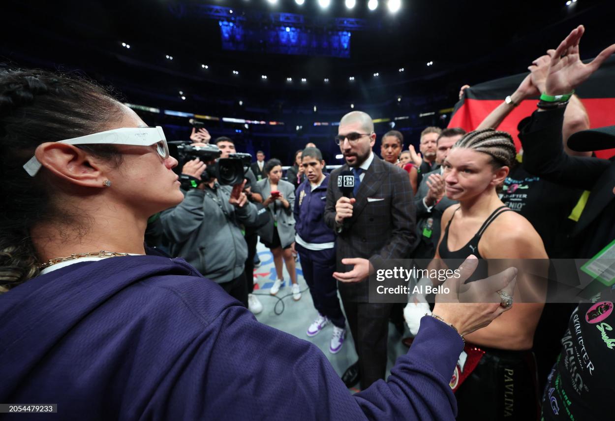 HATO REY, PUERTO RICO - MARCH 02: Amanda Serrano and Nina Meinke react after their fight was cancelled for Serrano's IBF, WBO and WBA featherweight women's titles at Coliseo de <strong><a  data-cke-saved-href='https://www.vavel.com/en-us/nba/2021/10/26/1090647-jordan-howard-signs-with-capitanes-cdmx.html' href='https://www.vavel.com/en-us/nba/2021/10/26/1090647-jordan-howard-signs-with-capitanes-cdmx.html'>Puerto Rico</a></strong> on March 02, 2024 in Hato Rey, <strong><a href='https://www.vavel.com/en-us/nba/2021/01/28/1056951-it4-to-play-with-team-usa.html'>Puerto Rico</a></strong>. Serrano was declared medically unfit to fight by the Puerto rican boxing commision after sustaining an eye injury yesterday. (Photo by Al Bello/Getty Images)