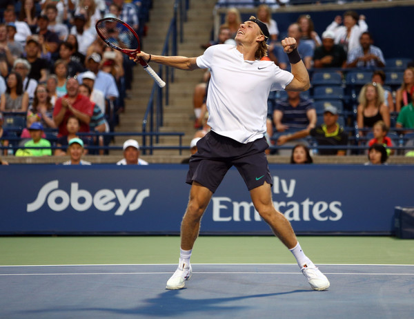 Denis Shapovalov celebrates his opening-round win in Toronto on Tuesday night. Photo: Getty Images