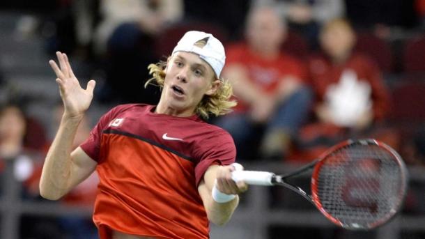 Shapovalov strikes a forehand during a previous Davis Cup tie. Photo: Justin Tran/The Canadian Press