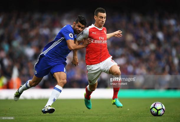 Koscielny and Mustafi dealt brilliantly with Chelsea's biggest threat Diego Costa. Photo: Getty Images: Shaun Botterill