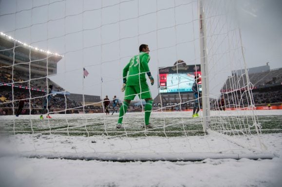 Shuttleworth stands in the net against Atlanta. (Daniel Mick/FiveFiftyOne)