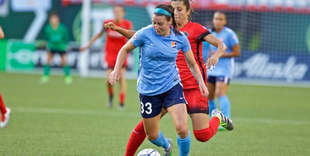 Erin Simon of Sky Blue FC in action earlier this season against the Portland Thorns | Source: Craig Mitchelldyer - ISI Photos