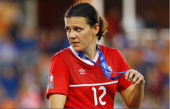 Christine Sinclair receives her medal after losing to the United States during the CONCACAF Women's Olympic Qualifying at BBVA Compass Stadium on February 21, 2016 in Houston, Texas. (Photo by Scott Halleran - Getty Images