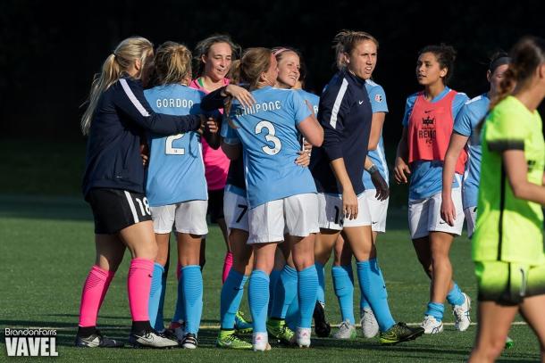 Sky Blue FC celebrates after ending Seattle's two-year unbeathen streak at home | Source: Brandon Farris - VAVEL USA