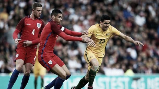 Chris Smalling in action in England's 2-1 win over Australia | Photo: Sky Sports